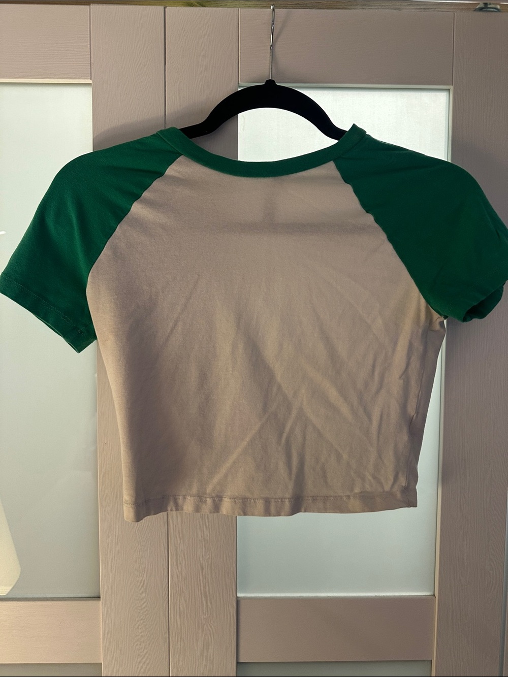 Divided White Crop Tee with Green Raglan Sleeves
